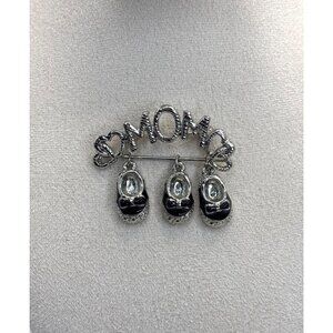 MOM Silver Tone Heart Silver Tone Baby Shoe Brooch Pin Black Enamel Accents
